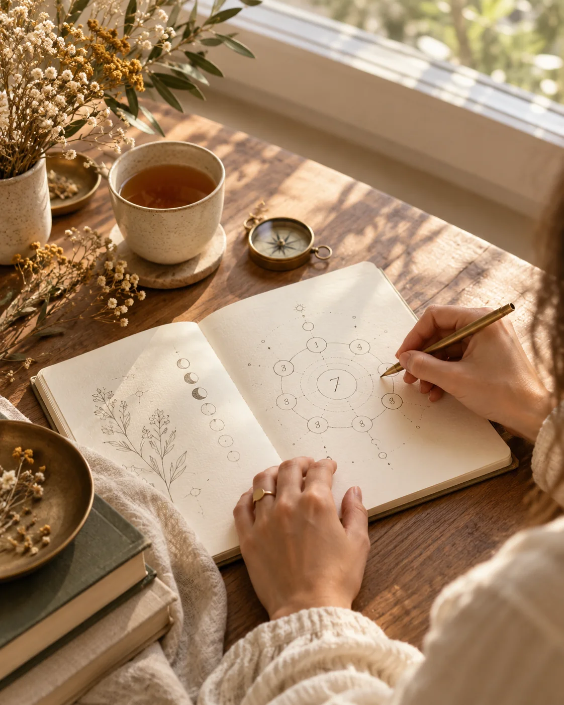 A journal, compass, and handwritten number chart on a sunlit desk